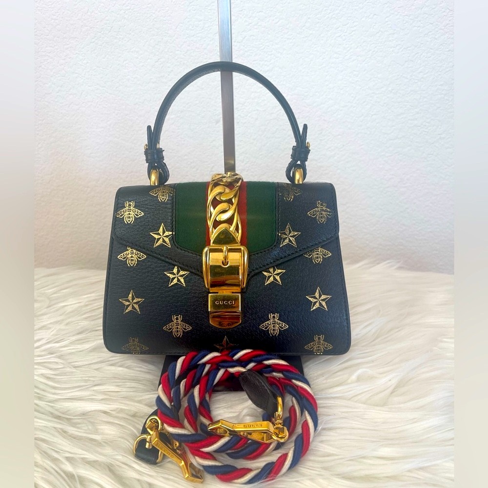 Gucci Sylvie Black and Gold Bee Stars Bag with Braided Strap 2-Way Handles - Picture 3 of 11